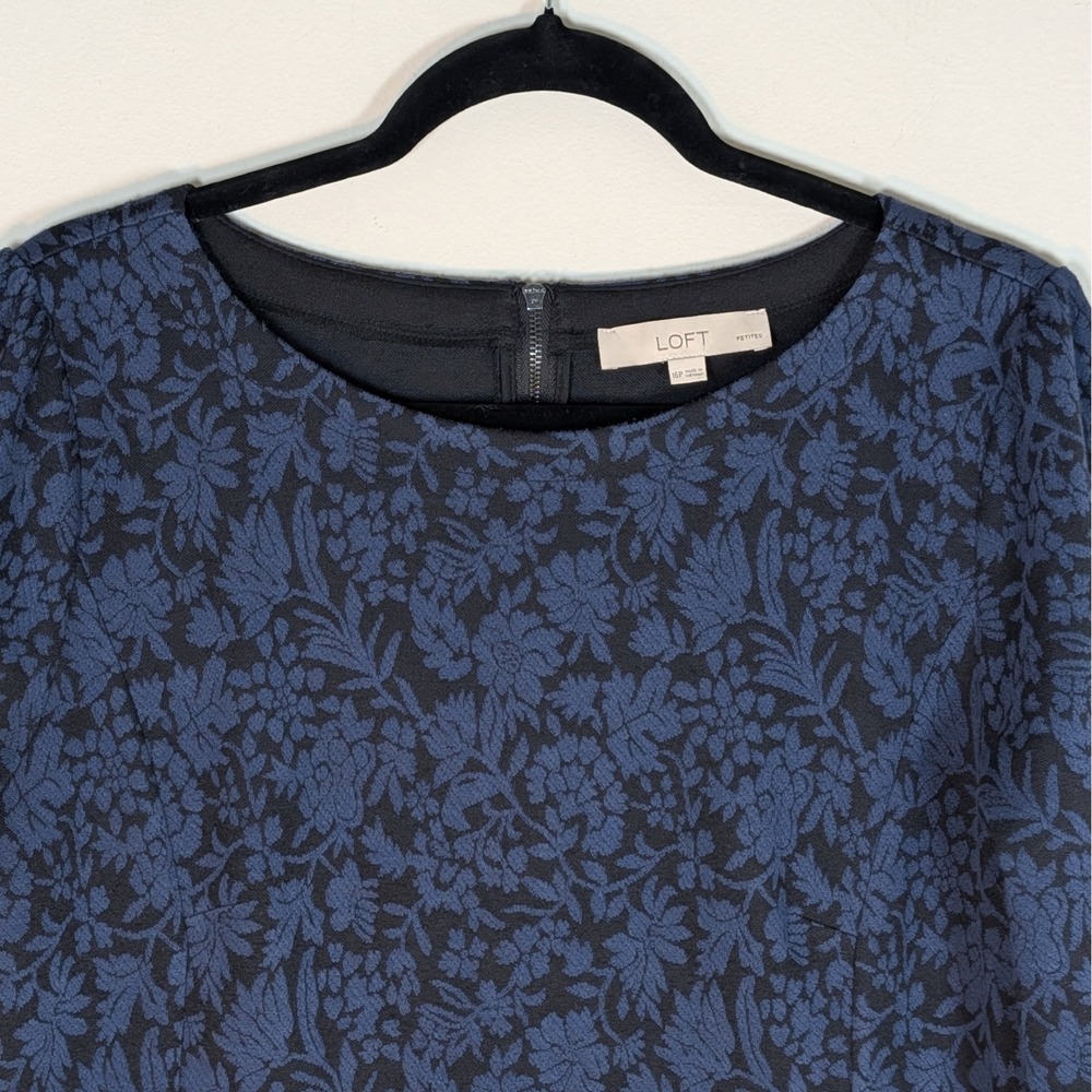 LOFT Petites Navy Blue Black Floral Jacquard Ruffle Hem Shift Dress 16P